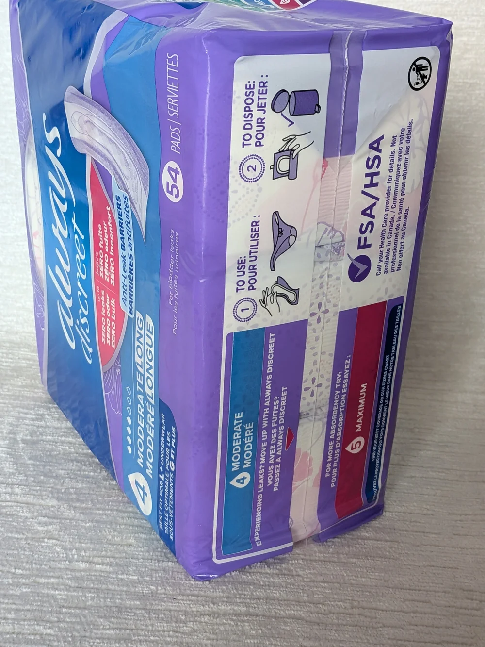 Always Discreet Moderate 4 Long Pads - 54 count Pack NWT